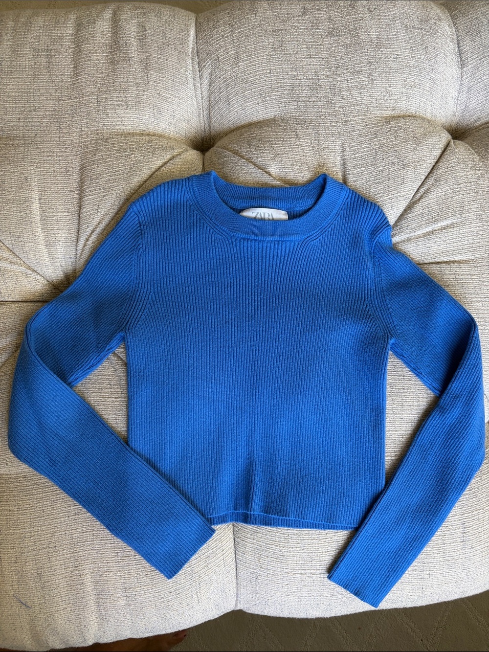 Zara Cobalt Blue Ribbed Crewneck Long Sleeve Knit top